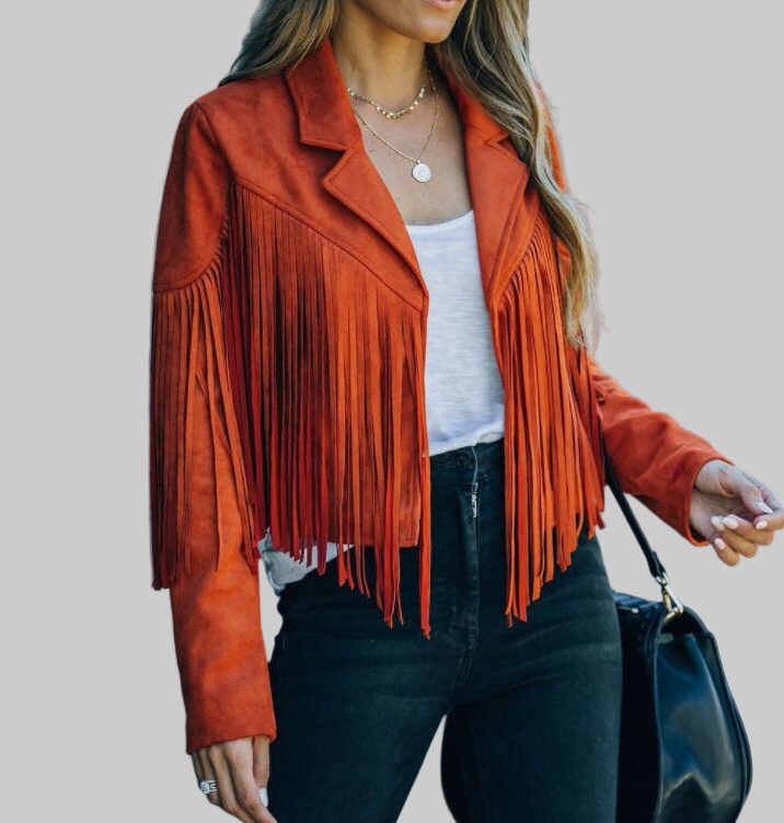 Bennett and Lowe Sunniva cropped fringe moto jacket in suede with boho detailing