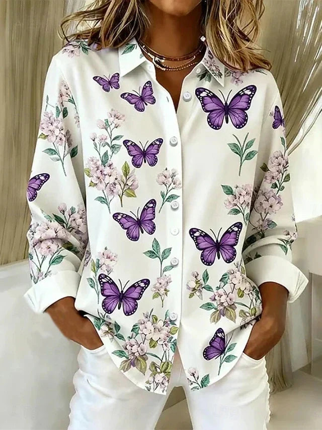 Noelle | Butterfly-Print Button Blouse