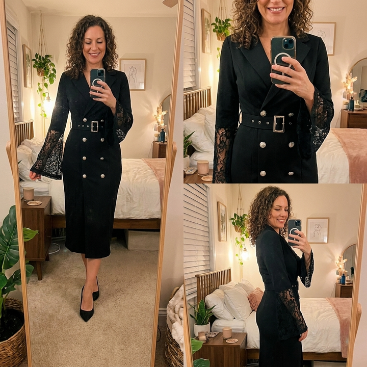 Heather | Belted Lace-Sleeve Midi Dress for Women