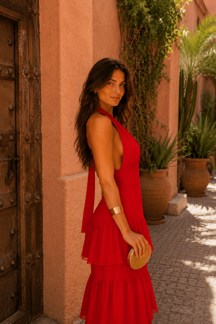 Red Manila-style dress for women by Bennett and Lowe, featuring a stylish imported design with a flattering fit.