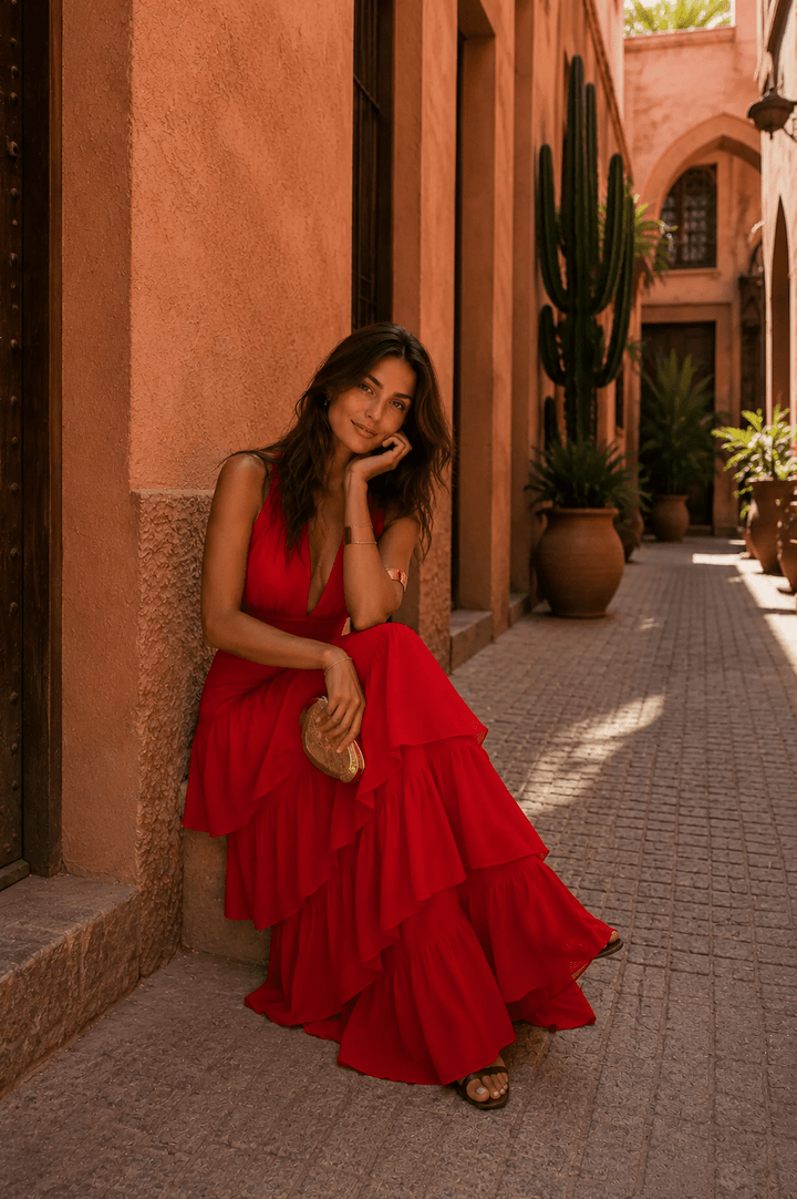 Red Manila-style dress for women by Bennett and Lowe, featuring a vibrant, imported design with a flattering silhouette.