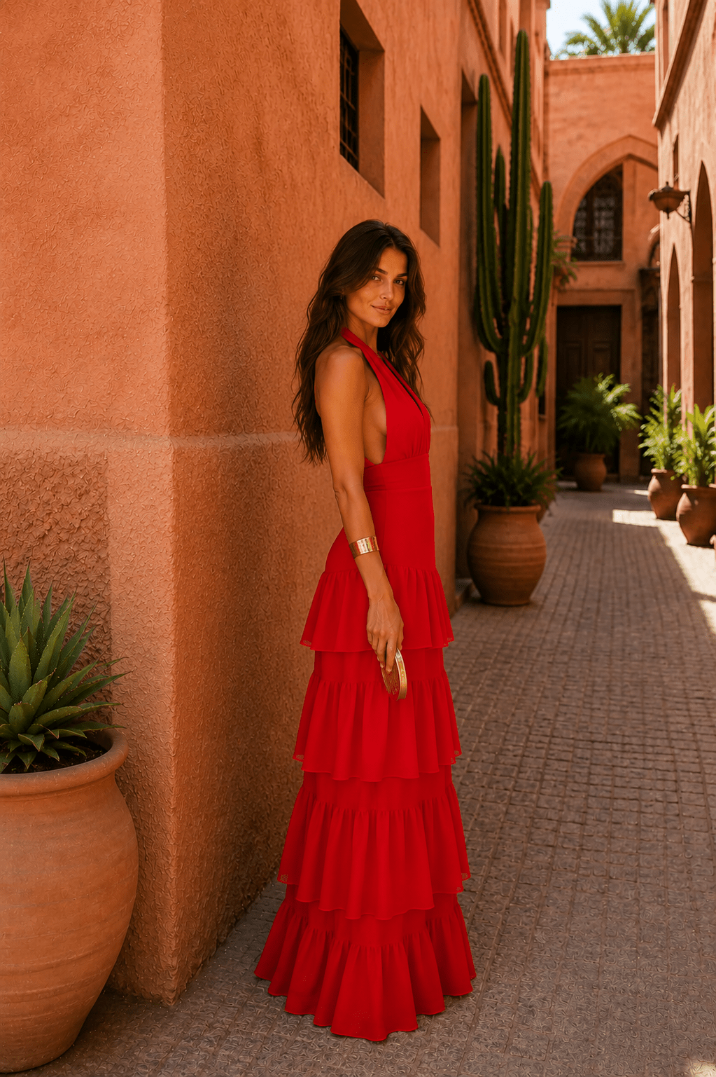 Red Manila-style dress for women by Bennett and Lowe, featuring a stylish imported design with a flattering fit.