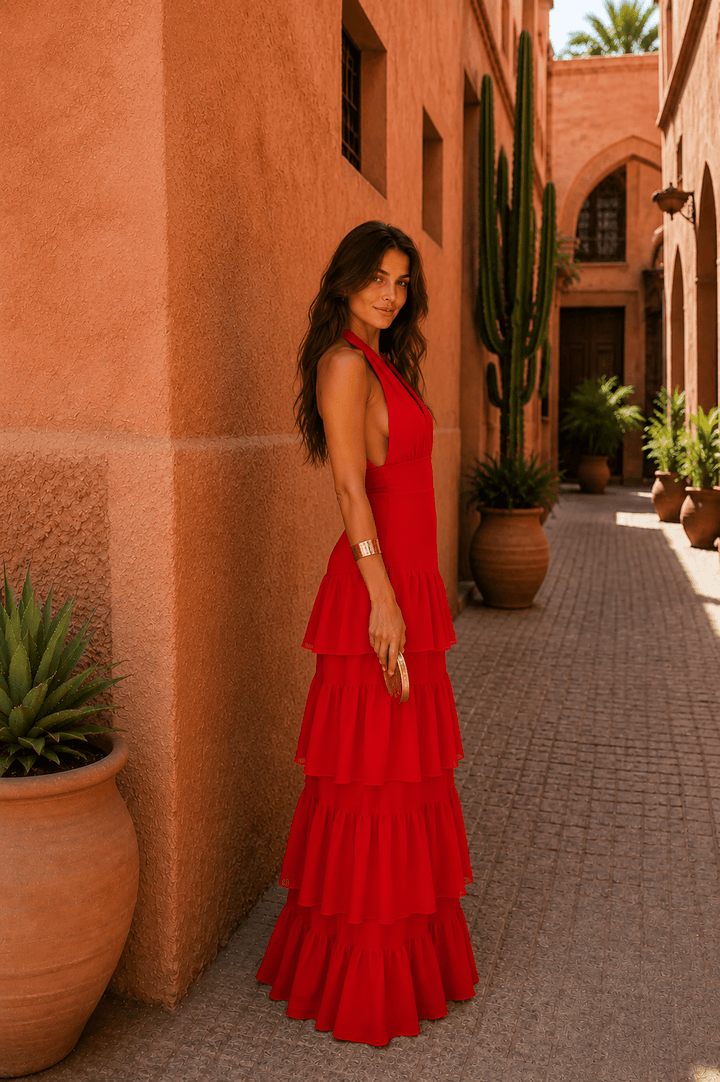 Red Manila-style dress for women by Bennett and Lowe, featuring a stylish imported design with a flattering fit.