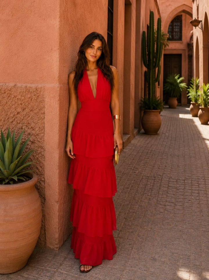 Red Manila-style dress for women by Bennett and Lowe, featuring a vibrant design, imported quality, and stylish fit.