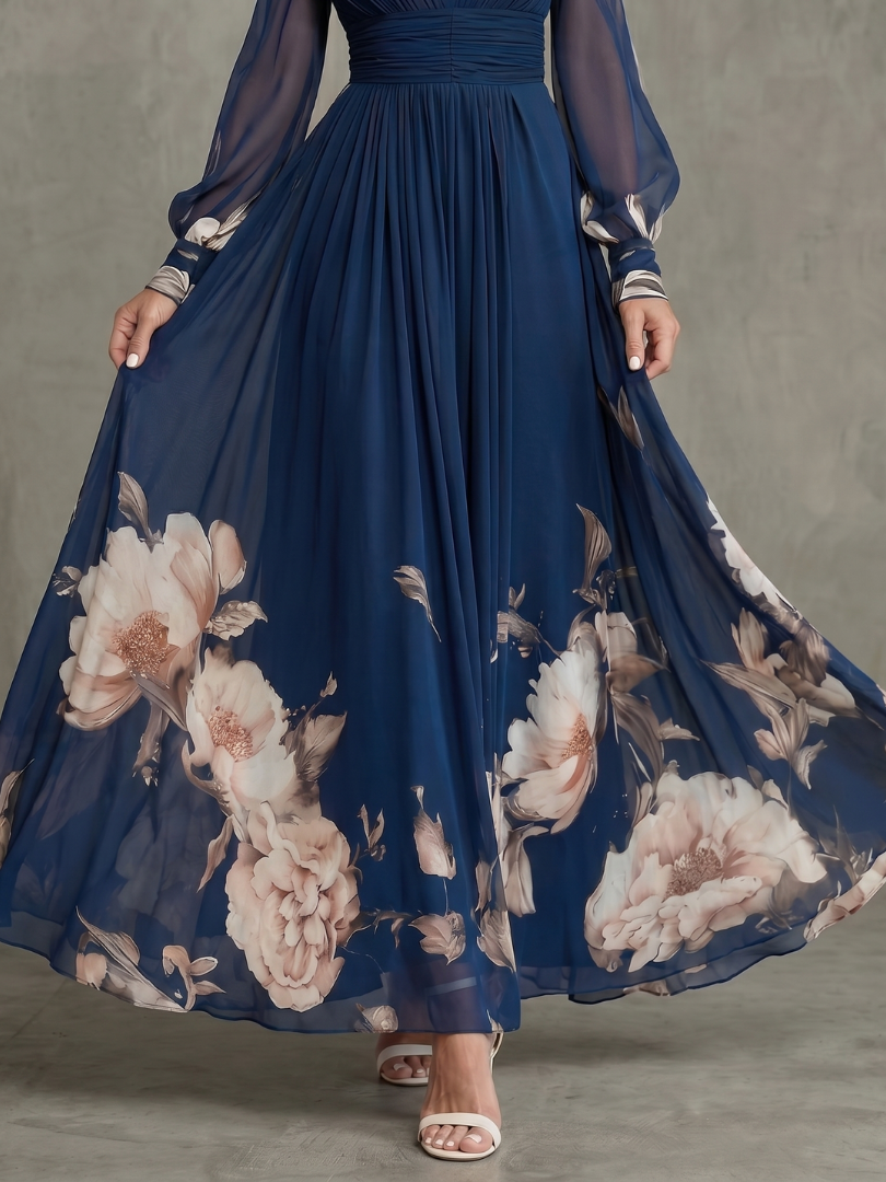 Floral-hem V-neck maxi dress by Bennett and Lowe, featuring a flowing silhouette and intricate floral details.