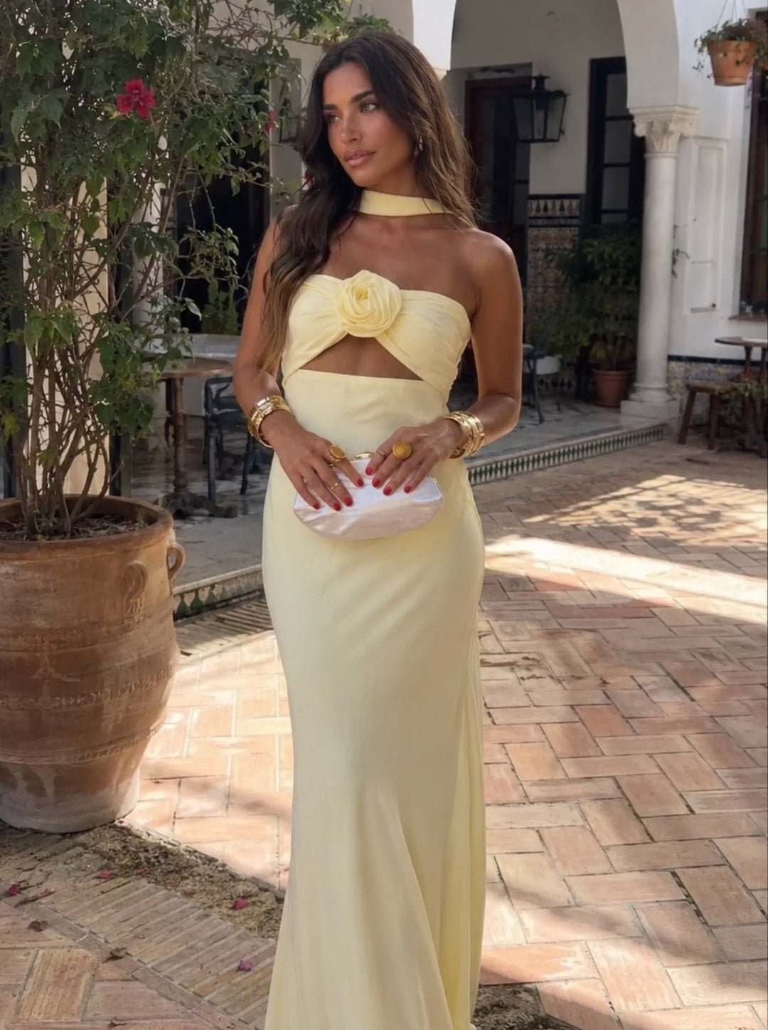 Silvia Rose Corsage Halter Maxi Dress for Women by Bennett and Lowe featuring a flowing silhouette and floral corsage detail.