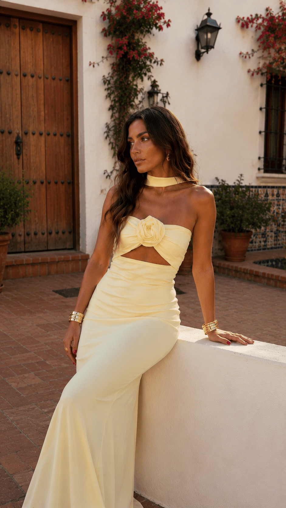 Silvia Rose Corsage Halter Maxi Dress for Women by Bennett and Lowe, featuring a flowing fabric and elegant halter neckline with floral accents.