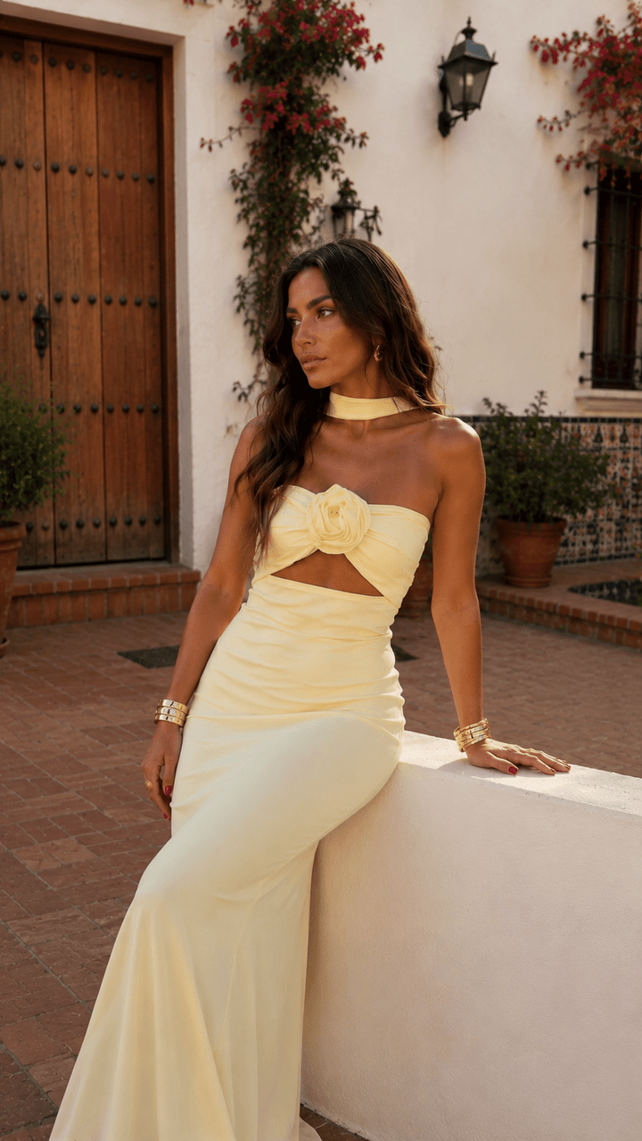 Silvia Rose Corsage Halter Maxi Dress for Women by Bennett and Lowe, featuring a flowing fabric and elegant halter neckline with floral accents.