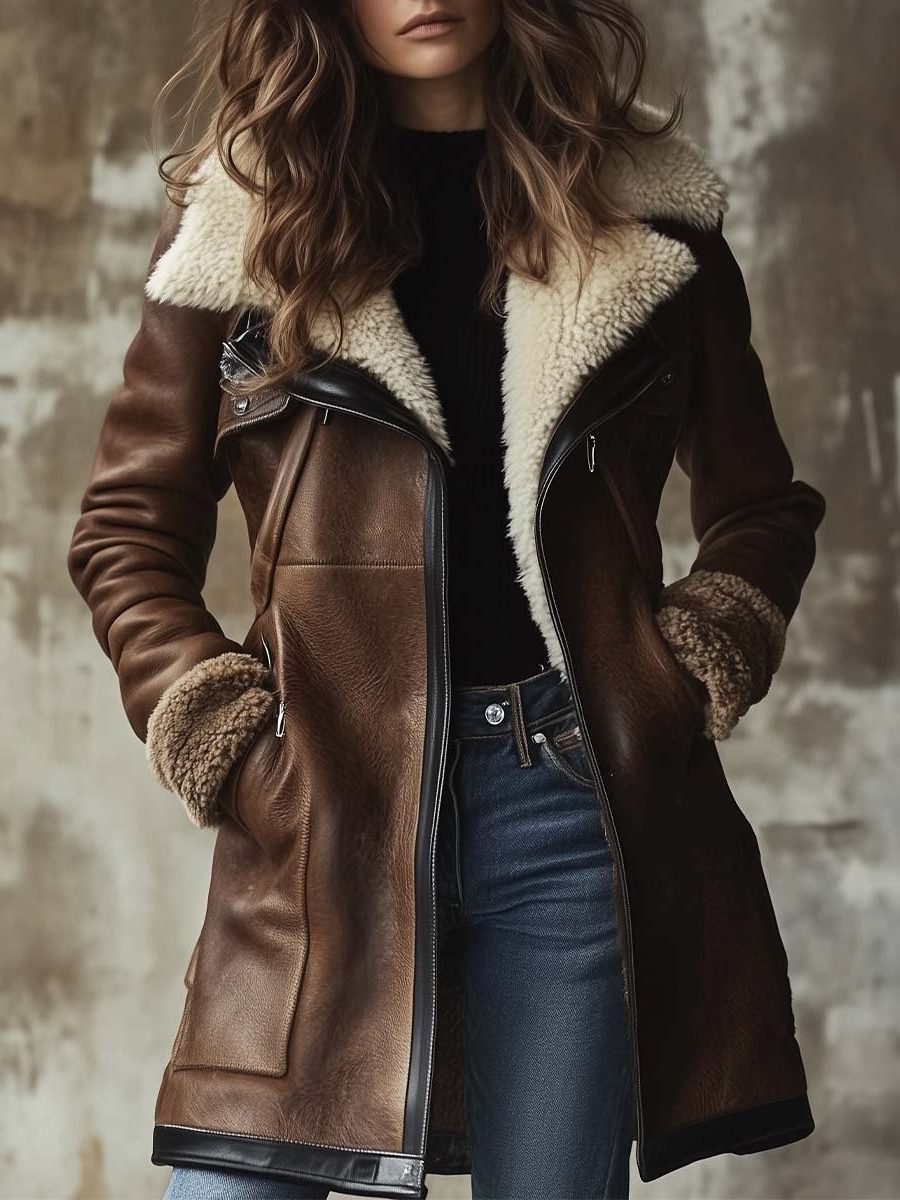 Brenna long aviator zip-front coat by Bennett and Lowe with vintage leather texture and faux fur collar for women.