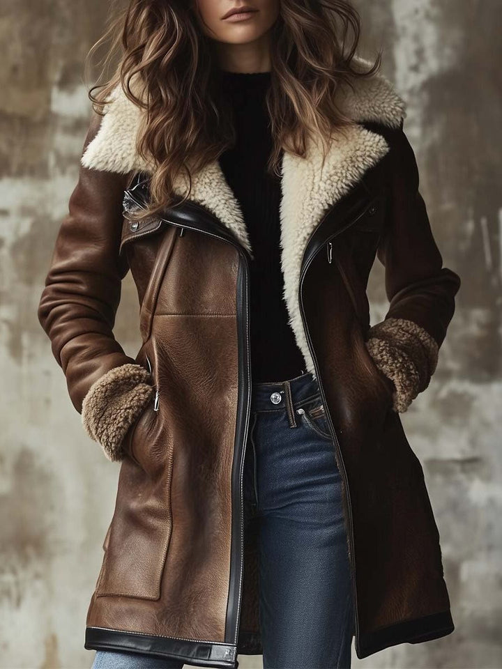 Brenna long aviator zip-front coat by Bennett and Lowe with vintage leather texture and faux fur collar for women.
