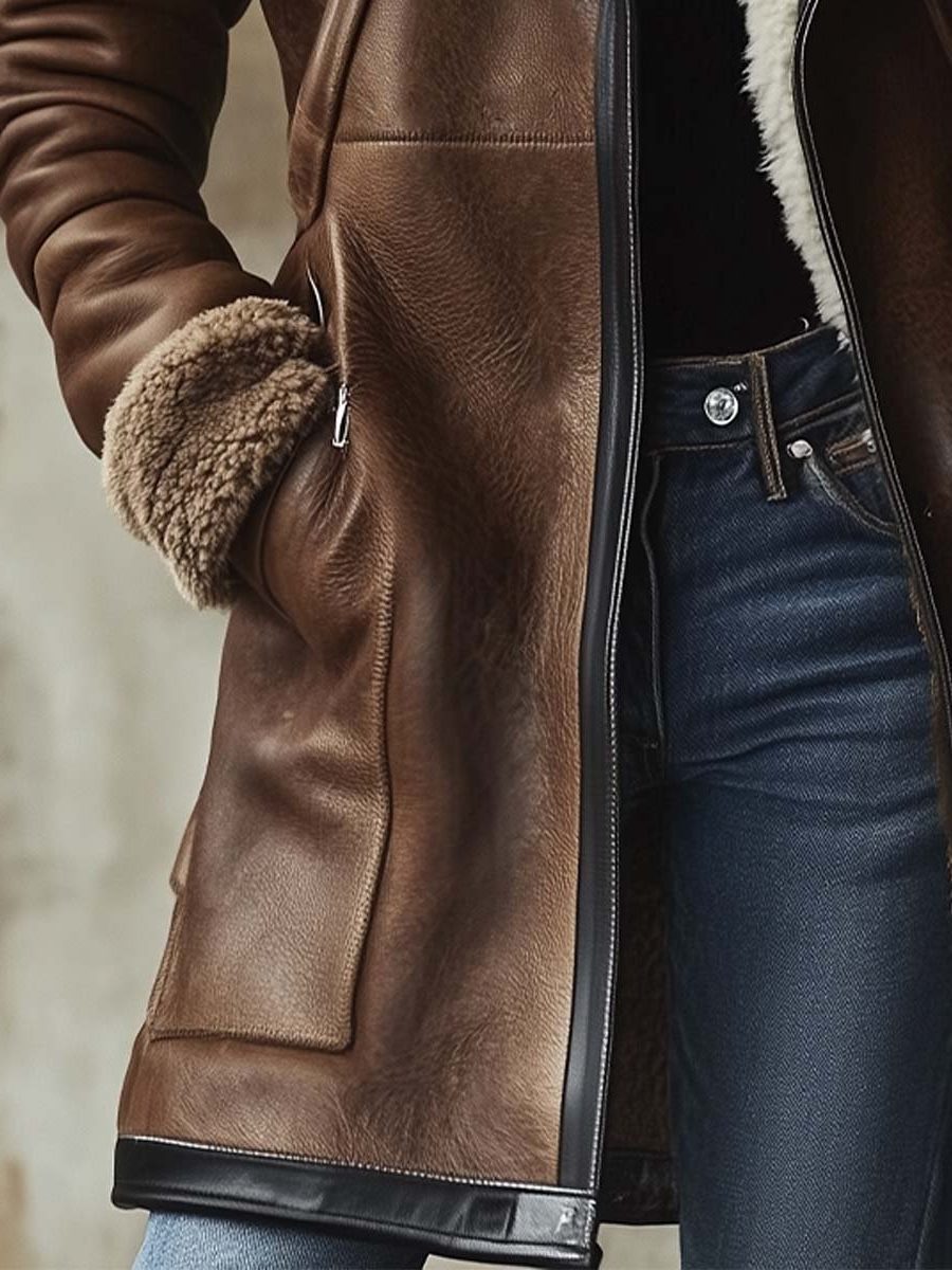 Brenna Bennett and Lowe long vintage leather aviator coat with faux fur collar for women, featuring a front zipper and classic style.