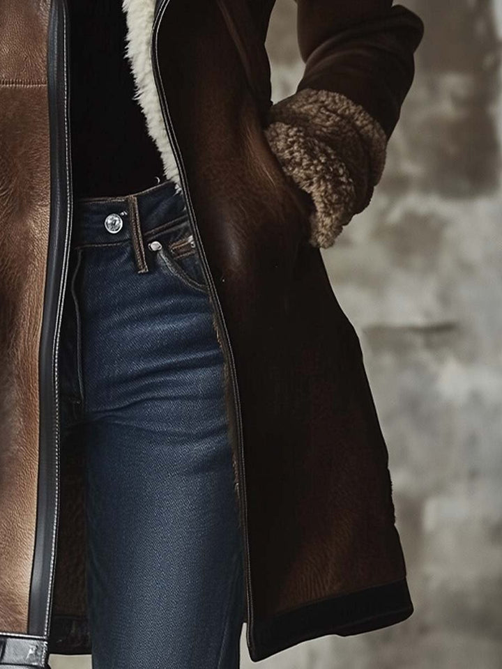 Brenna long aviator zip-front coat by Bennett and Lowe featuring vintage leather with faux fur collar for women.