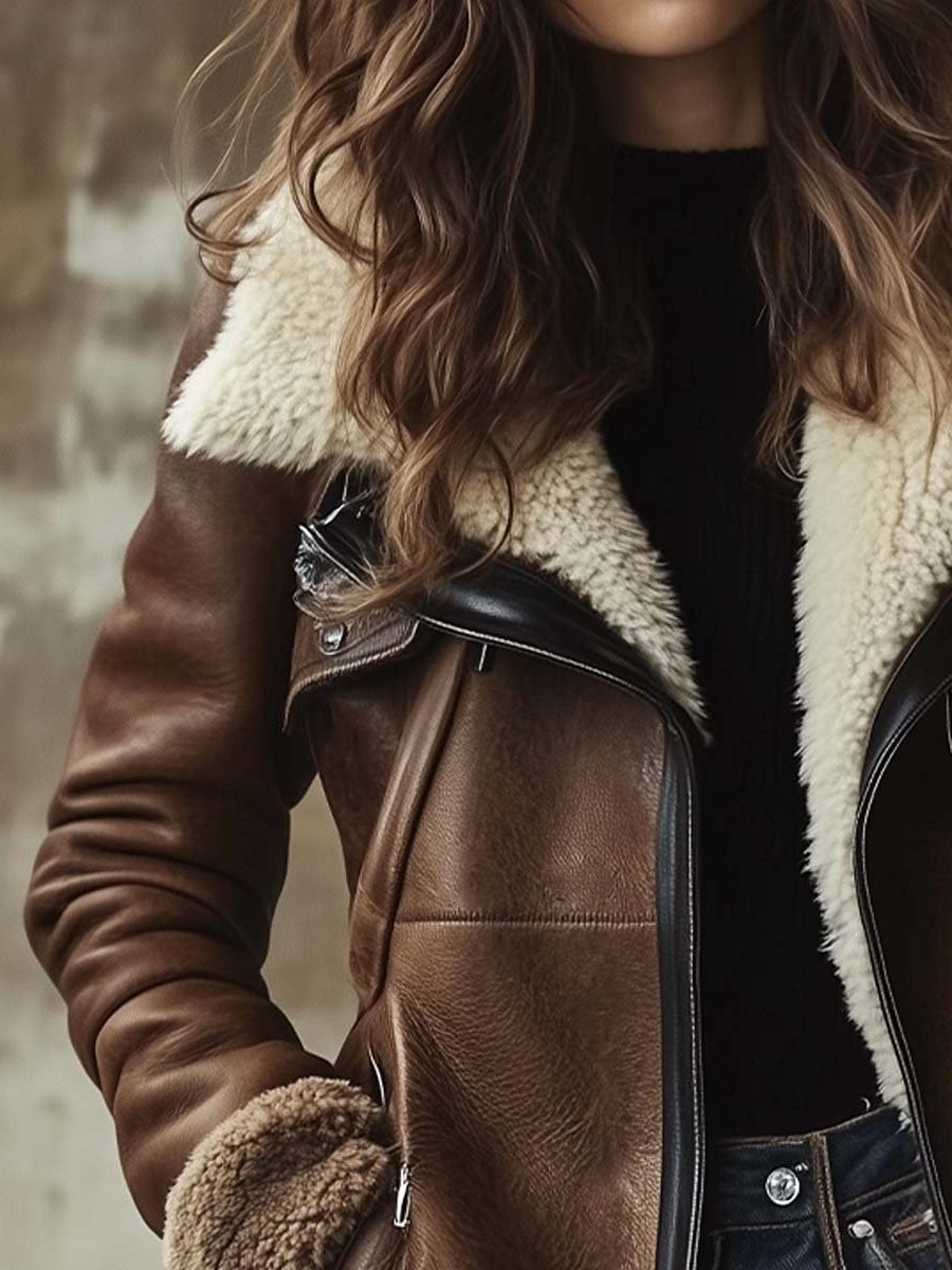 Bennett and Lowe Brenna long aviator zip-front coat with vintage leather finish and faux fur collar for women.