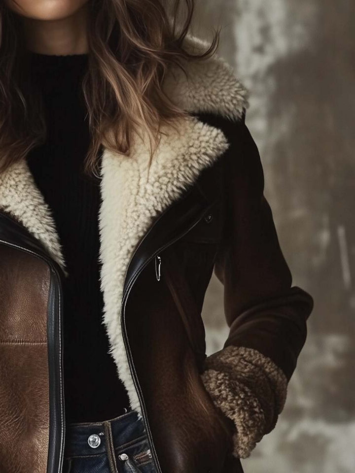 Vintage leather Brenna long aviator coat by Bennett and Lowe with zip front and faux fur collar for women.