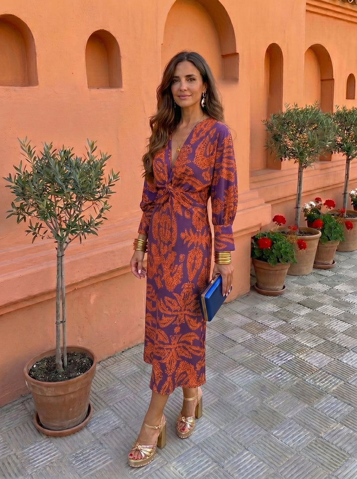 Printed midi dress for women by Bennett and Lowe, featuring a stylish design and flowy silhouette.