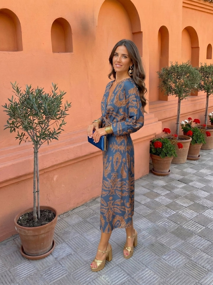 Printed midi dress for women by Bennett and Lowe, featuring a stylish floral pattern and a flattering fit.