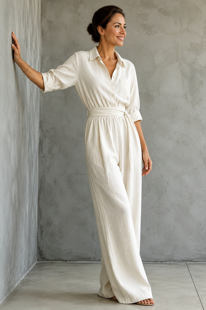 Wide-leg shirt jumpsuit by Bennett and Lowe featuring a relaxed fit and classic collar, in a versatile Monroe style.