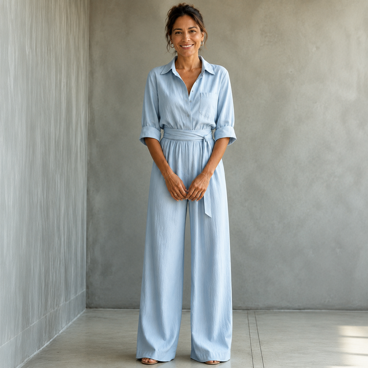 Wide-leg shirt jumpsuit from Bennett and Lowe's Monroe collection, featuring a stylish, comfortable fit in a versatile design.