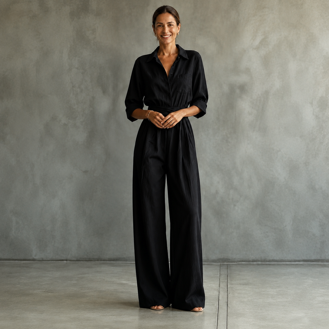 Wide-leg Monroe shirt jumpsuit by Bennett and Lowe, featuring a relaxed fit and stylish design, shown on a model.