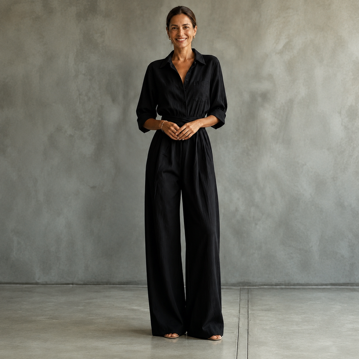 Wide-leg Monroe shirt jumpsuit by Bennett and Lowe, featuring a relaxed fit and stylish design, shown on a model.