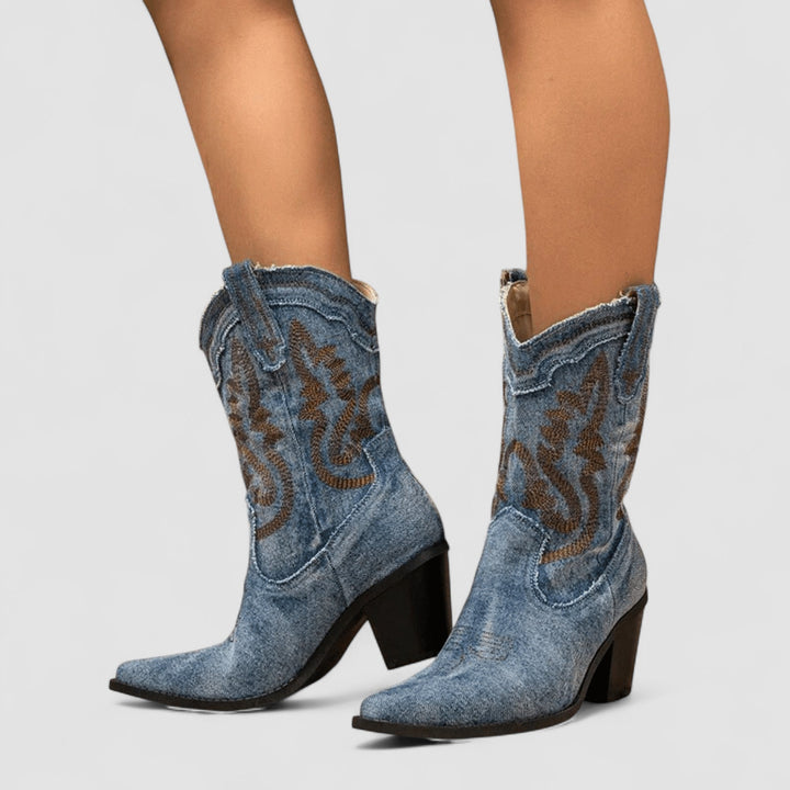 Women’s embroidered Western boot by Bennett and Lowe, featuring denim ankle design with intricate embroidery details.