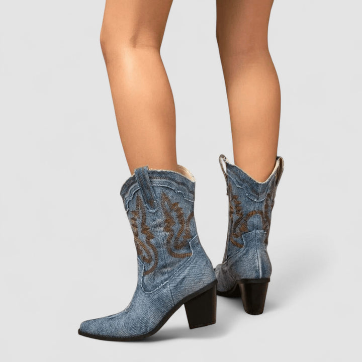 Bennett and Lowe Selena embroidered western ankle boots for women in denim with intricate embroidery and pointed toe design.