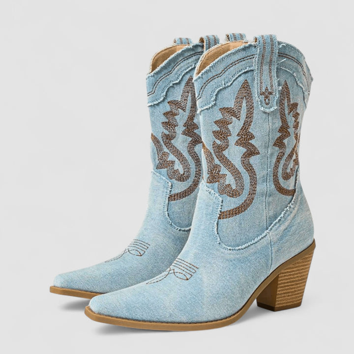 Selena Bennett and Lowe embroidered Western ankle boots for women in light blue denim with intricate embroidery details.