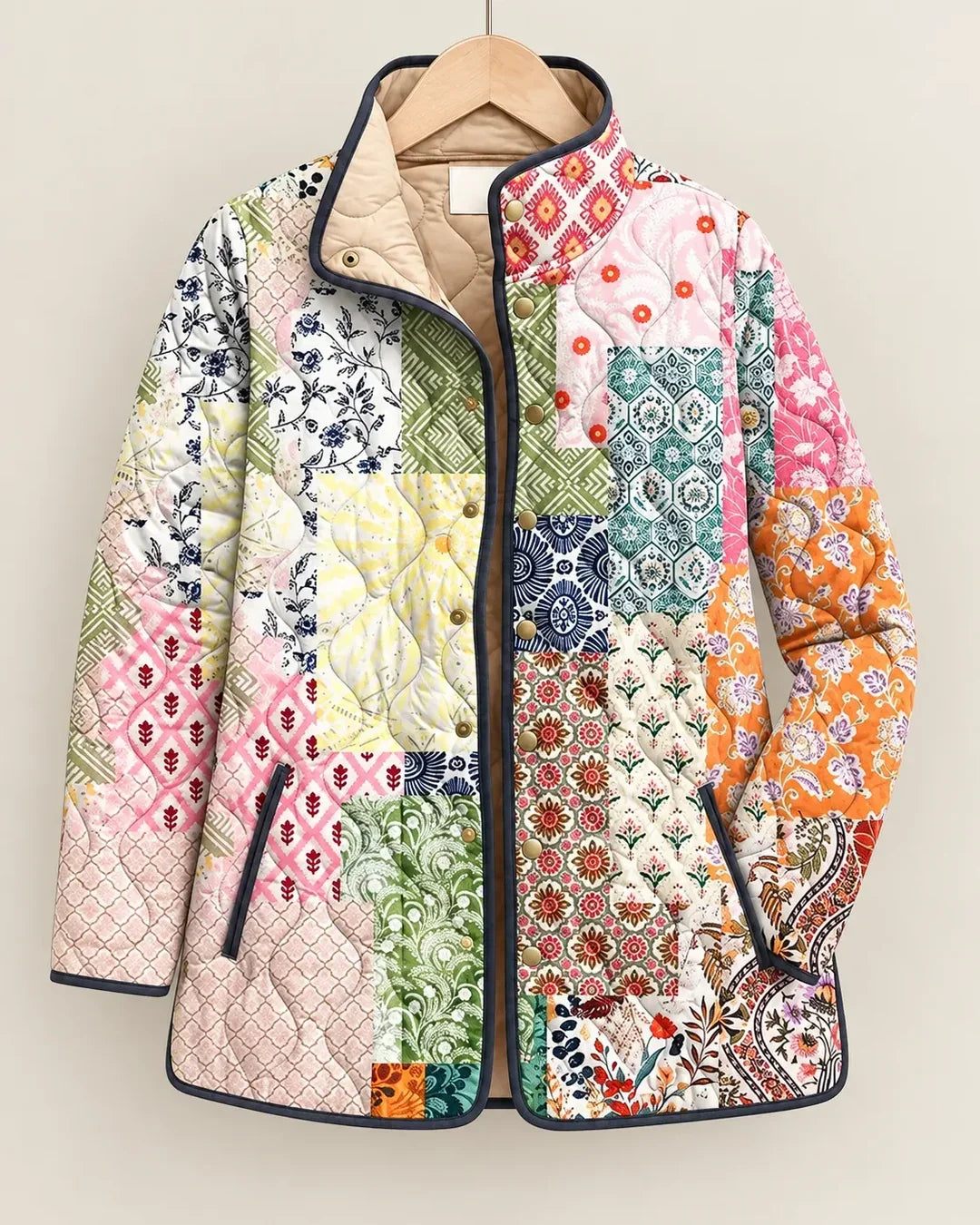 Multicolor quilted Morgana Heritage Patchwork Jacket by Bennett & Lowe featuring a front view with intricate patchwork design.