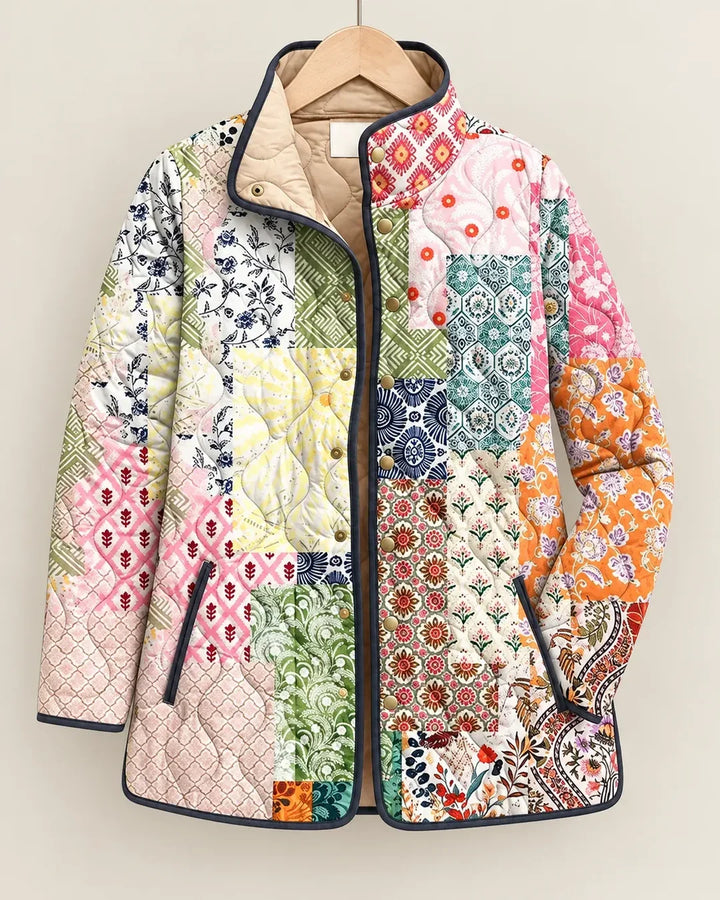 Multicolor quilted Morgana Heritage Patchwork Jacket by Bennett & Lowe featuring a front view with intricate patchwork design.