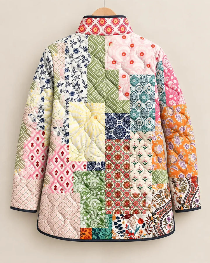 Multicolor quilted heritage patchwork jacket by Bennett & Lowe, shown from the back with intricate stitching and a stylish design.