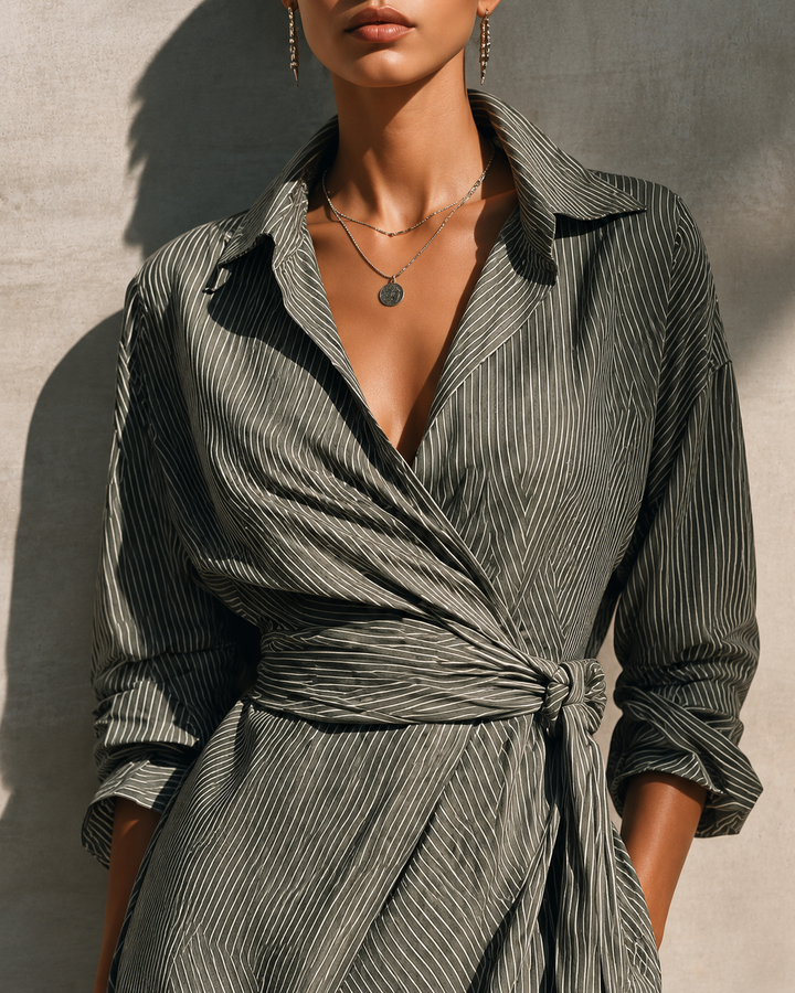 Bennett and Lowe Blessie striped long-sleeve shirt maxi dress for women, featuring a relaxed fit and bold horizontal stripes.