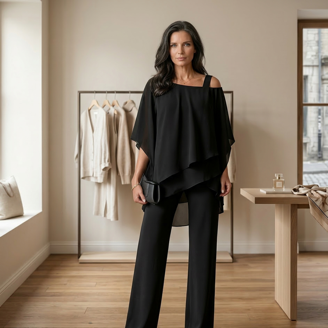 Cenna women's two-piece set with layered top and wide-leg pants by Bennett and Lowe, featuring a stylish, relaxed fit.
