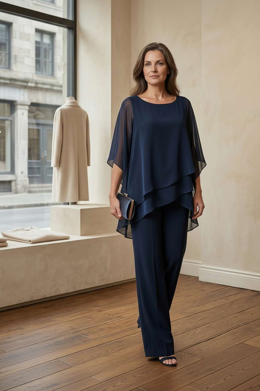 Cenna layered top and wide-leg pants two-piece set for women by Bennett and Lowe, featuring a stylish, coordinated outfit in neutral tones.