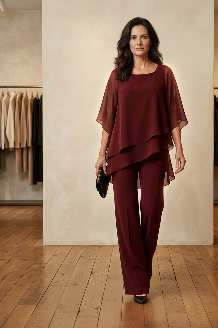 Cenna layered top and wide-leg pants two-piece set for women by Bennett and Lowe, featuring a stylish layered top and flowy pants.