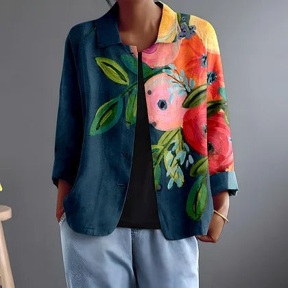 Persephone floral print button-front long-sleeve blouse for women by Bennett and Lowe, shown in a light-colored fabric with a classic fit.