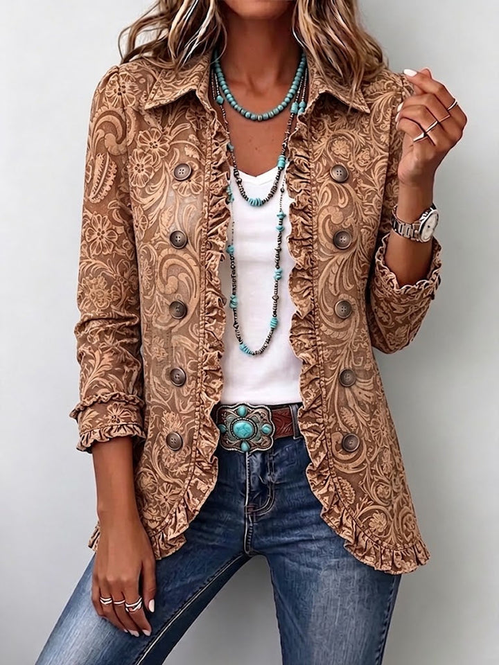 Vyclara vintage bohemian floral ruffled women's jacket with layered ruffles and floral print from Bennett and Lowe.