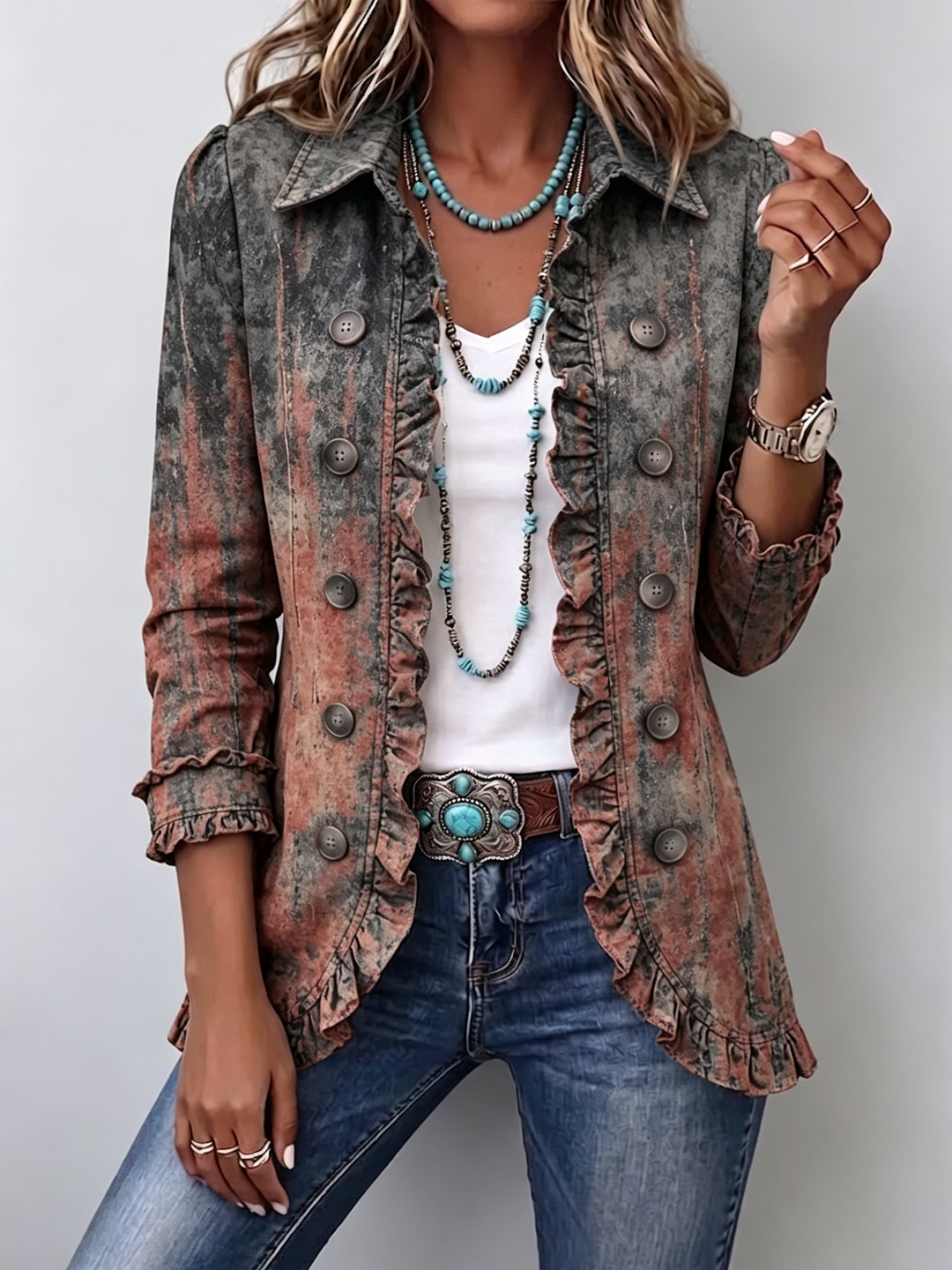 Bennett and Lowe Bristow vintage gradient textured ruffle jacket for women, featuring a stylish ruffle design and colorful fabric.