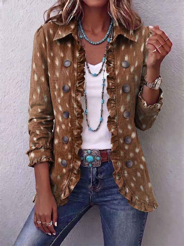 Nolinda bohemian animal-print ruffled women's jacket by Bennett and Lowe, featuring layered ruffles and bold pattern.