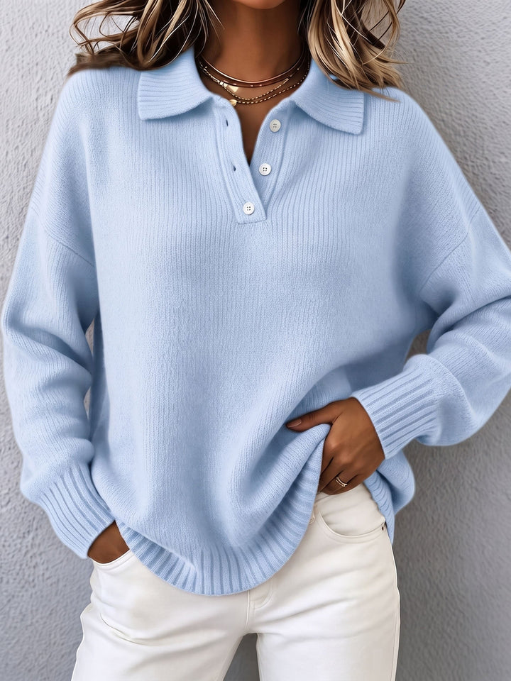 Marvelle chic polo hooded knit sweater by Bennett & Lowe, featuring a cozy hood, button details, and a stylish knitted design.