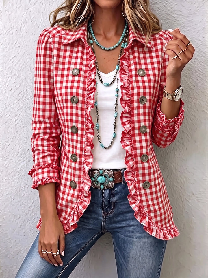 Charlene Gingham Ruffled Button-Down Jacket for Women by Bennett and Lowe, featuring a stylish ruffled design and classic gingham pattern.