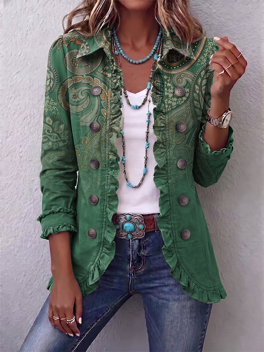Bennett and Lowe Jemara bohemian paisley print ruffled women's jacket with flowy design and intricate patterns.
