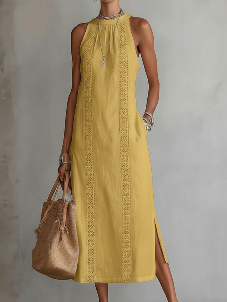 Olivia Newyork Country Muse Jimena relaxed midi dress with mandarin collar, featuring a flowy silhouette and soft fabric.