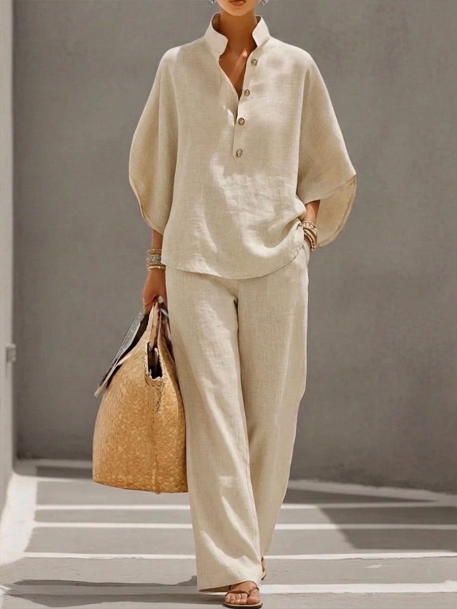 Harper two-piece women's set with batwing top and wide-leg pants by Bennett and Lowe, shown in a stylish outfit.