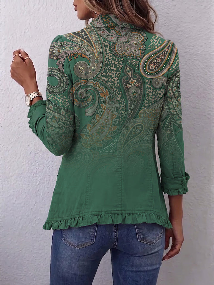 Bennett and Lowe Jemara bohemian paisley print ruffled women's jacket with layered design and vibrant pattern.