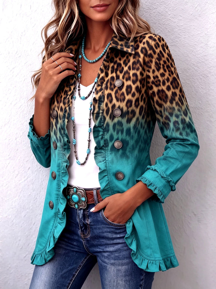 Leopard ombre ruffle blazer jacket for women by Bennett and Lowe, featuring stylish ruffle details and a tailored fit.