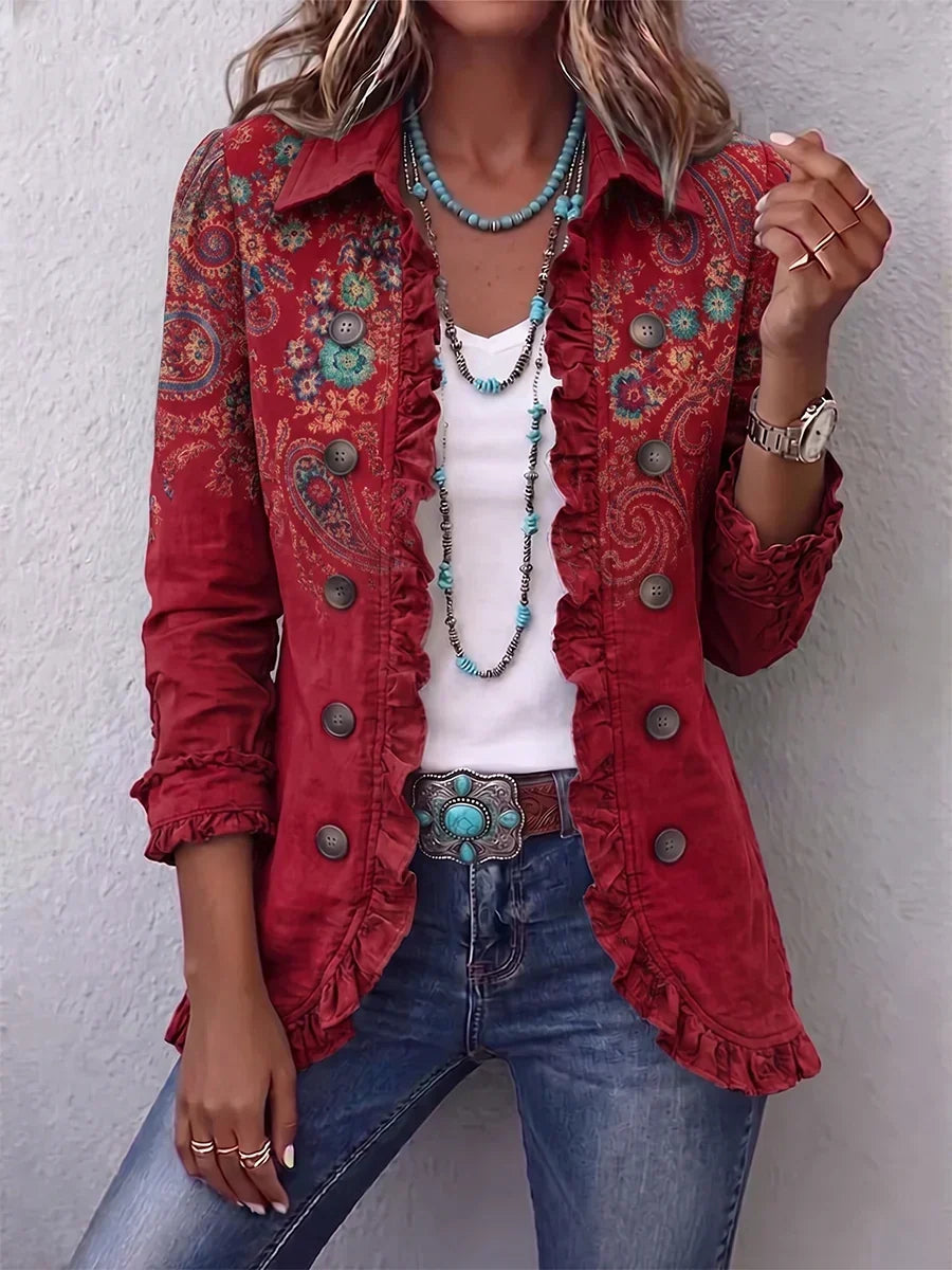 Fayrene Bohemian Paisley Ruffle Jacket for Women by Bennett and Lowe, featuring colorful paisley pattern and ruffle details.