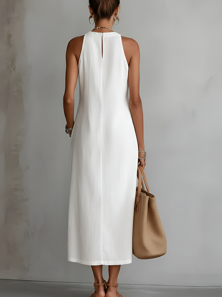 Olivia Newyork Country Muse Jimena relaxed midi dress with mandarin collar, lightweight fabric, and casual elegant style.