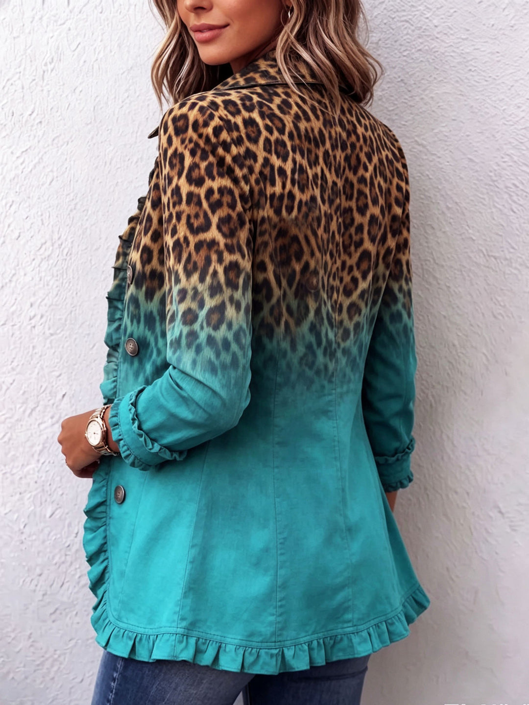 Leopard ombre ruffle blazer jacket for women by Bennett and Lowe, featuring stylish ruffles and a tailored fit.