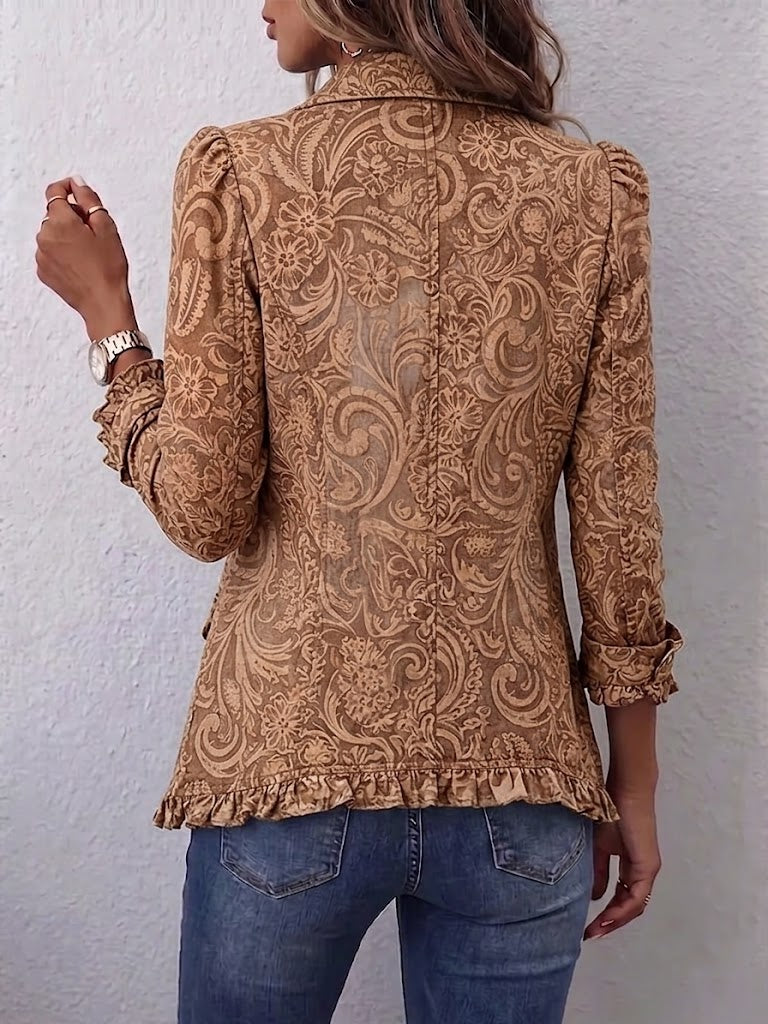 Vyclara vintage bohemian floral ruffled jacket for women, featuring colorful floral patterns and ruffle details, by Bennett and Lowe