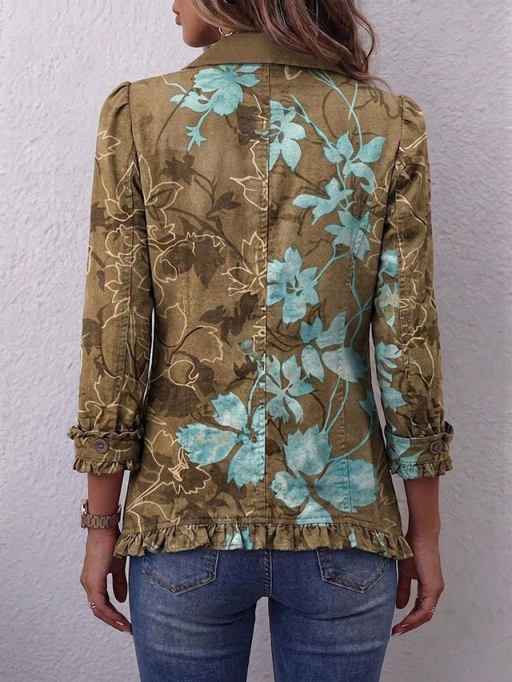 Women’s Sundara Boho Gradient Floral Ruffle Jacket by Bennett and Lowe, featuring colorful floral patterns and ruffled details.